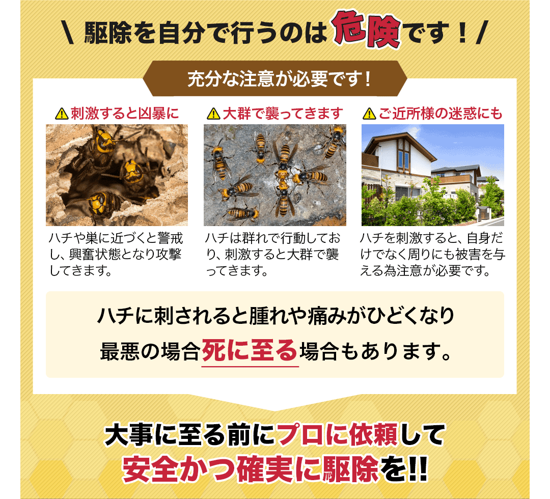 ハチ駆除を自分で行うのは危険です!