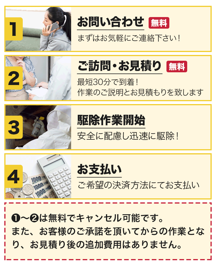 お問い合わせ・ご訪問/お見積もり・駆除作業開始・お支払い